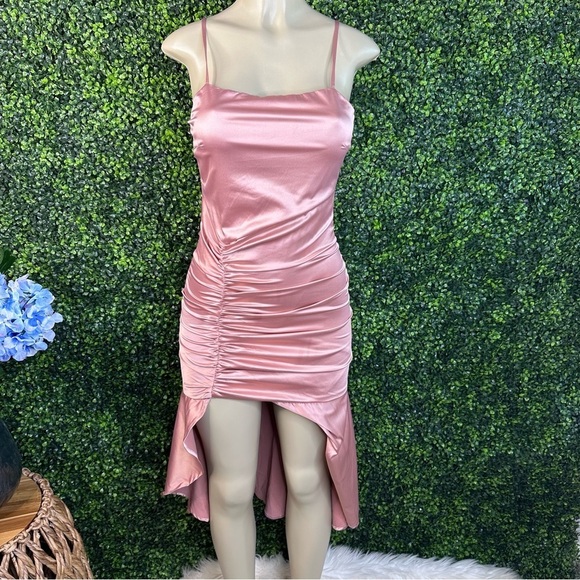Lulus NWOT Perfect Occasion Dusty Rose Satin Ruched Tulip Midi Dress - Picture 5 of 16